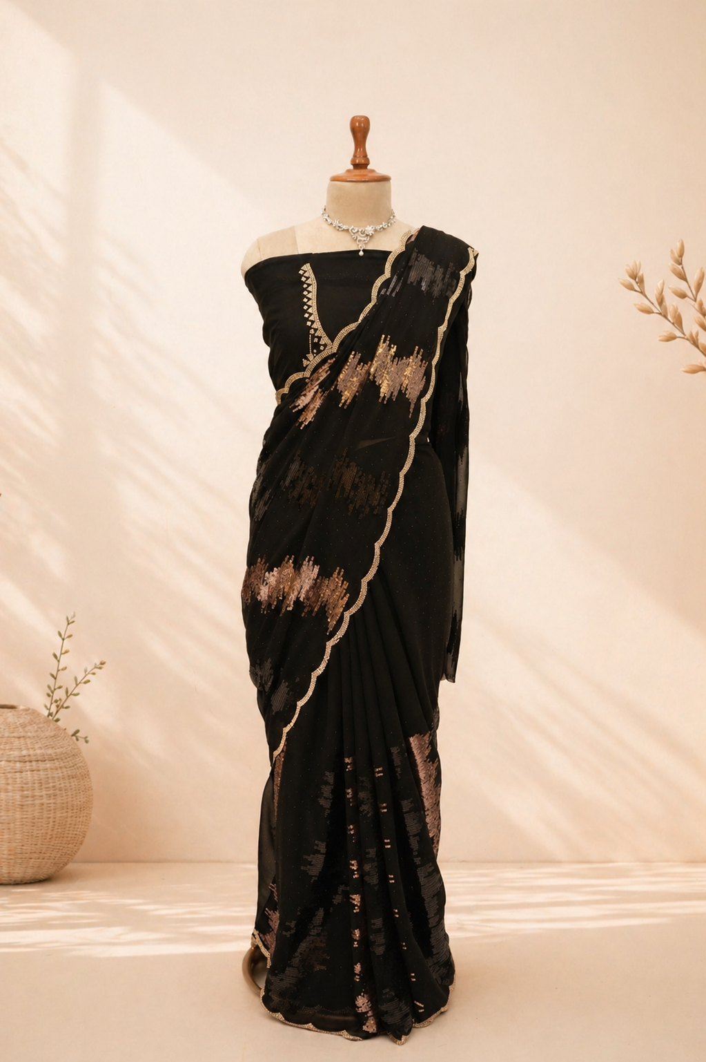 The rich black base beautifully enhances the subtle shimmer.
Designed for a graceful, fluid drape that feels effortlessly elegant.