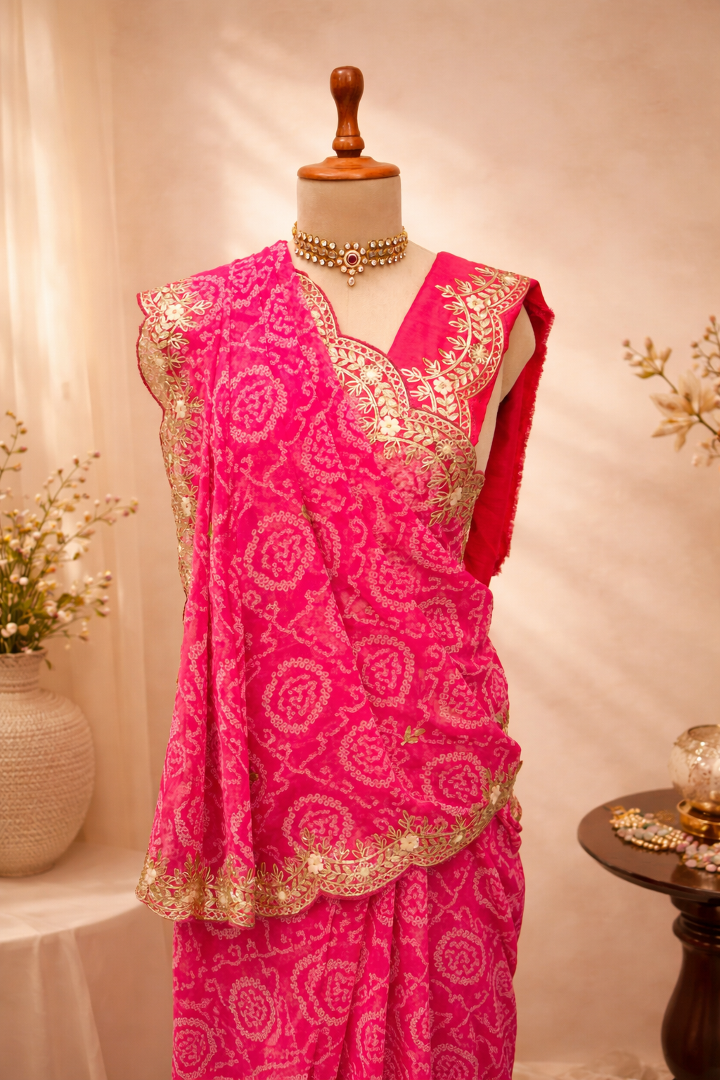 This jaipuri bandhani saree in rani color with traditional patterns and embroidery work border is an ideal bhanej saree for festive occasions.