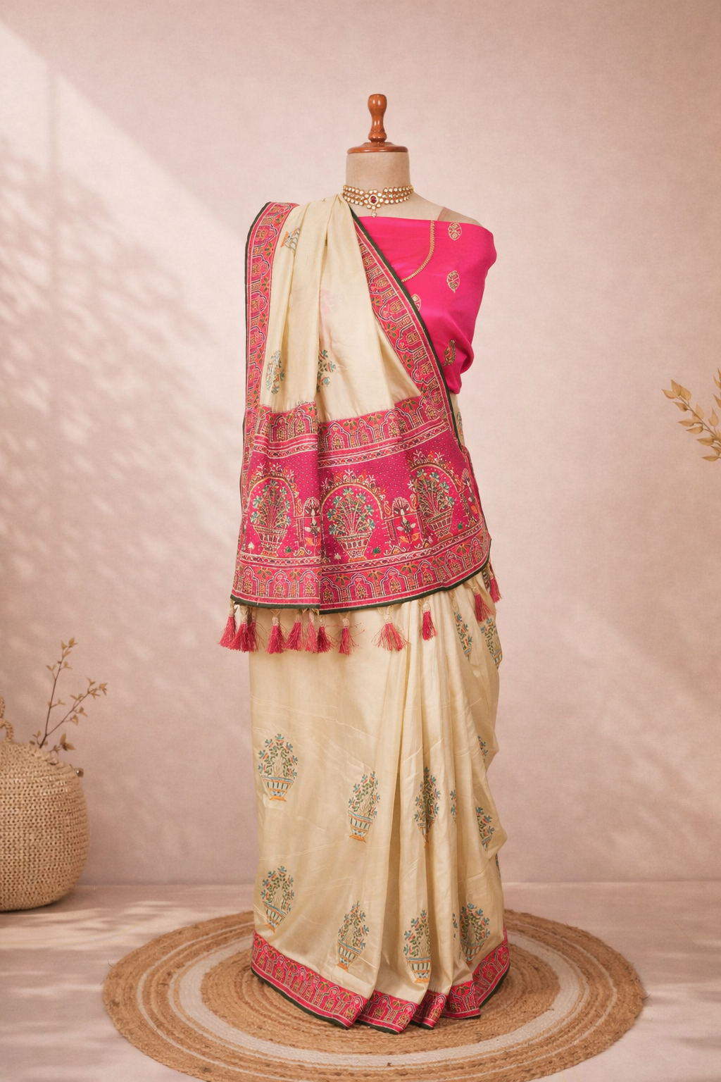 Cream saree with pink traditional border and tassels, mix of pink and cream festive wedding function saree for women