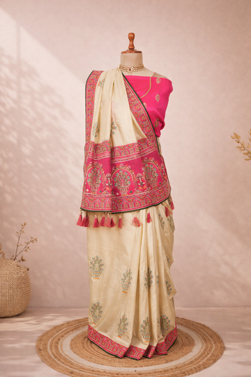 Cream saree with pink traditional border and tassels, mix of pink and cream festive wedding function saree for women