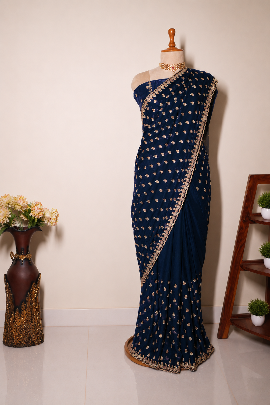 Dark Blue Gold Buti Saree