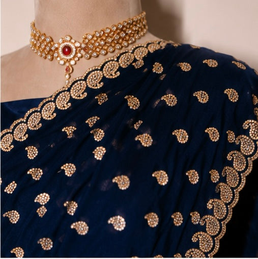 Dark Blue Gold Buti Saree