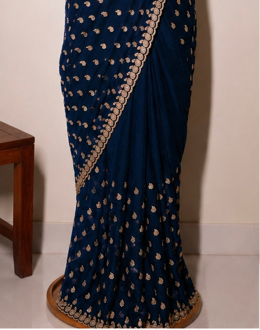 Dark Blue Gold Buti Saree
