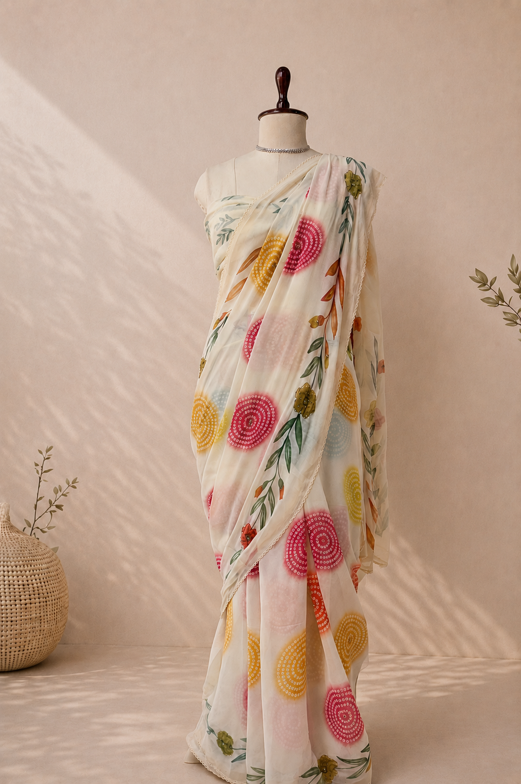 Elegant ivory organza saree with colorful floral and circular motifs draped on a mannequin in a premium studio setting with warm lighting.