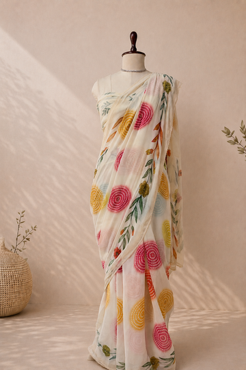 Elegant ivory organza saree with colorful floral and circular motifs draped on a mannequin in a premium studio setting with warm lighting.