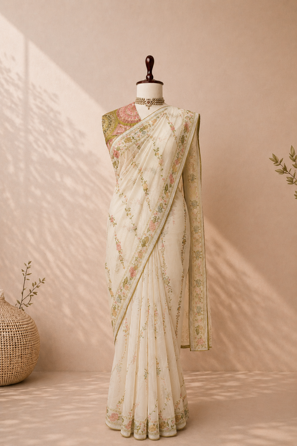 Ivory saree with floral prints and a heavy embroidered green designer blouse on a mannequin in a premium studio setting.