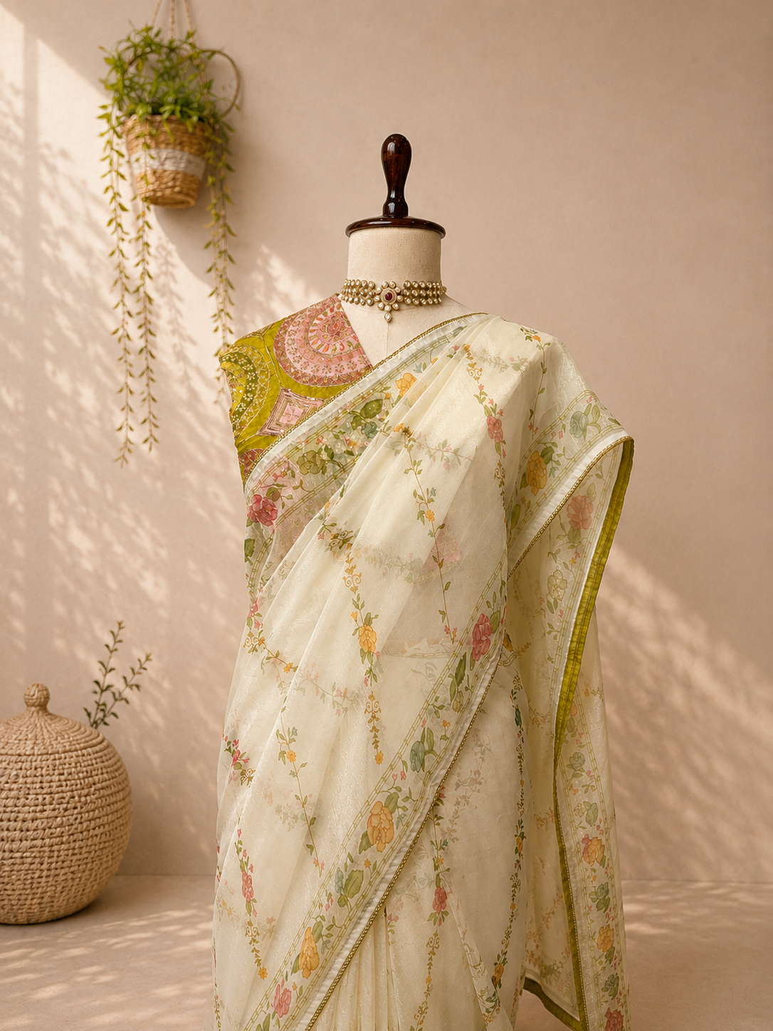Ivory saree with floral prints and a heavy embroidered green designer blouse on a mannequin in a premium studio setting.
