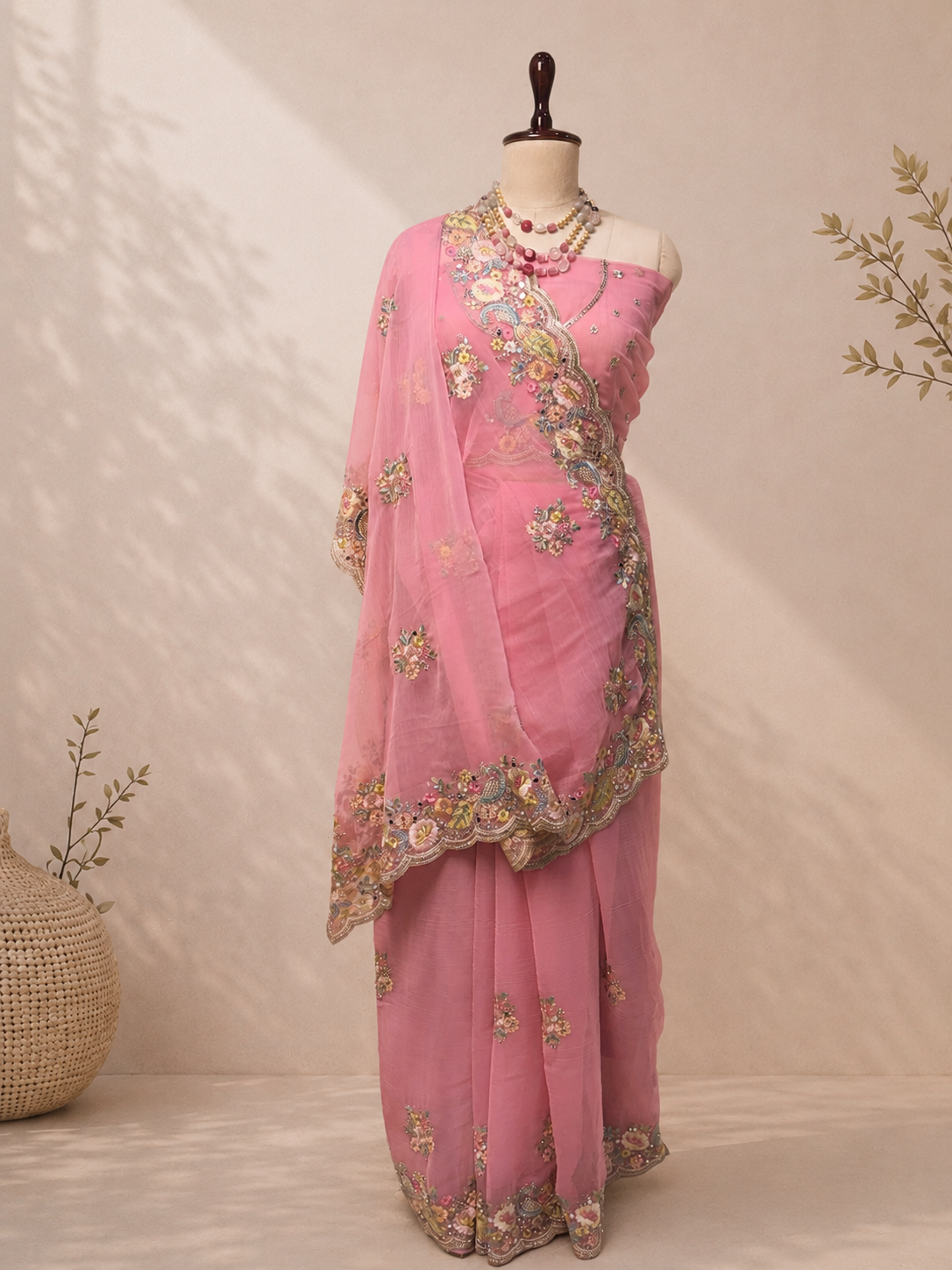 Elegant soft pink Vaaari chiffon saree with floral embroidery and embellished border.
