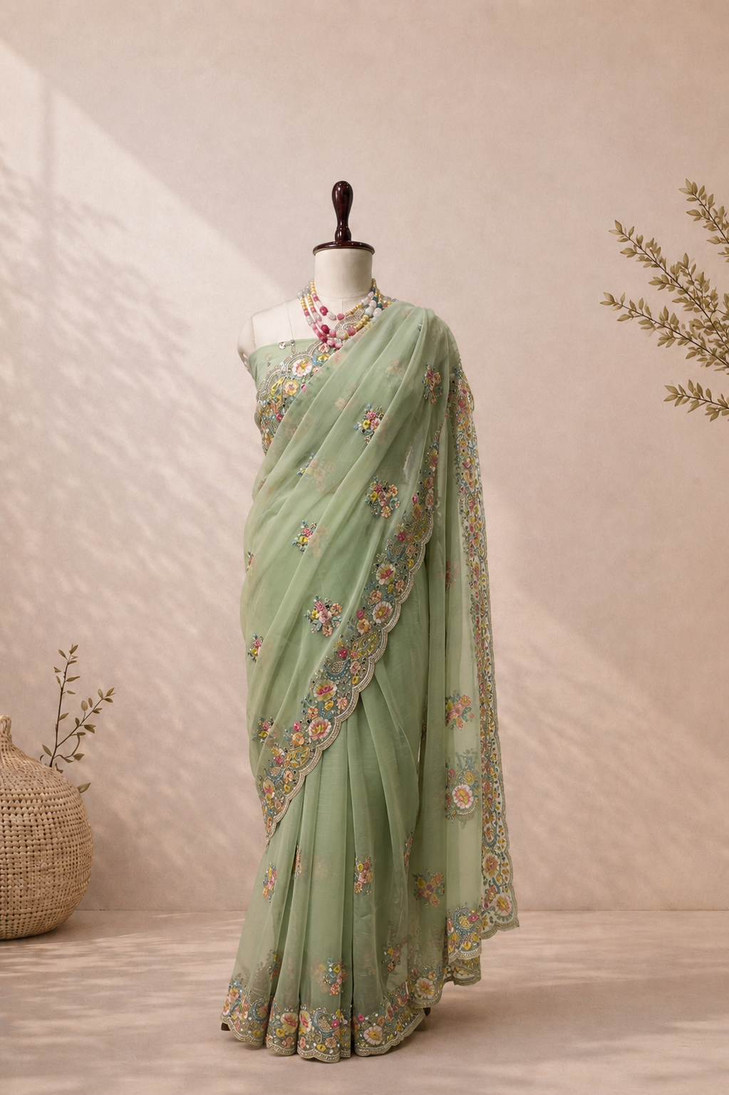 Elegant mint green Vaaari chiffon saree with delicate floral embroidery and handcrafted embellished border.