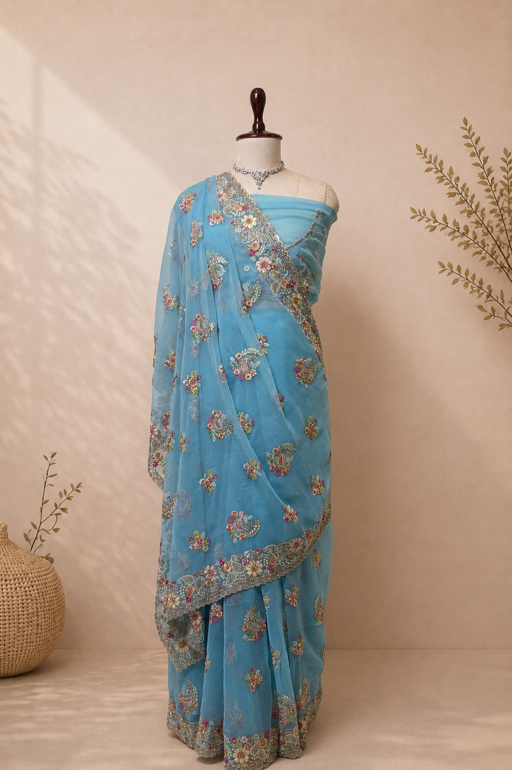 Blue Vaaari chiffon saree with floral embroidery and embellished border.
