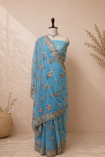 Blue Vaaari chiffon saree with floral embroidery and embellished border.
