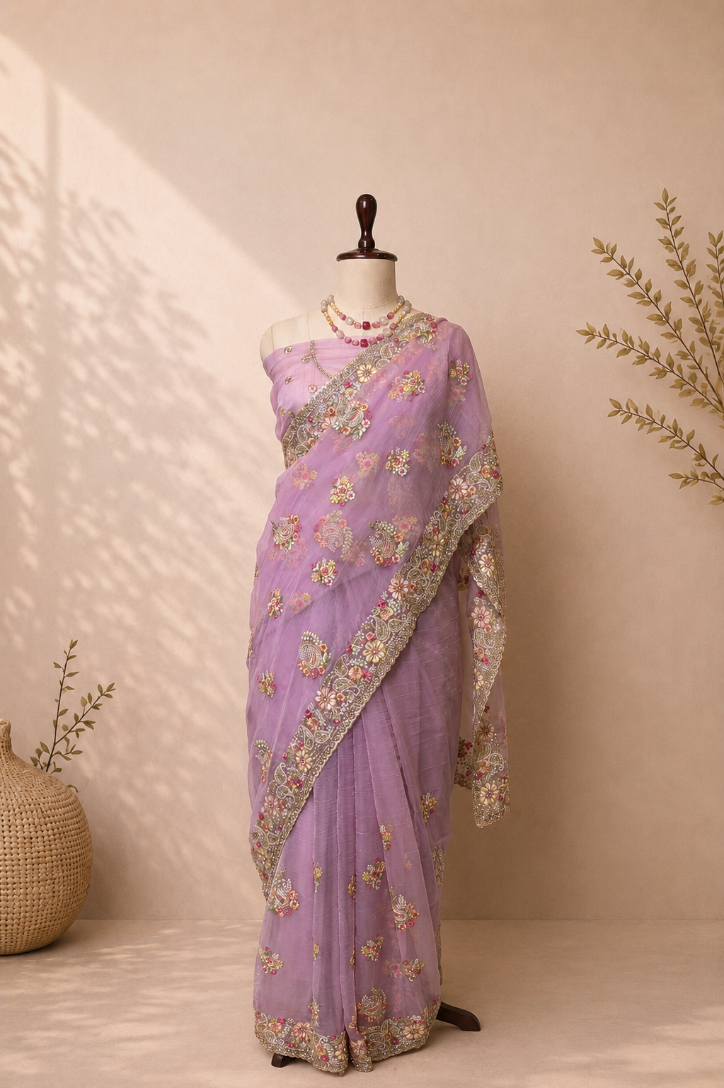 Lavender Vaaari chiffon saree with floral embroidery and embellished handcrafted border.
