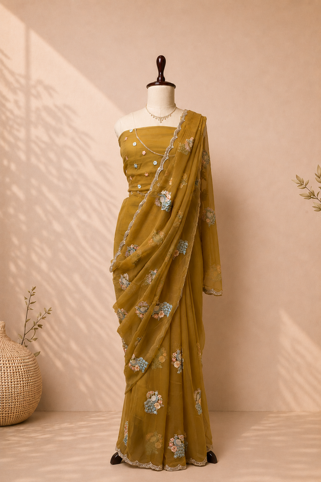Golden mustard embroidered designer saree on mannequin with floral detailing and elegant border.
