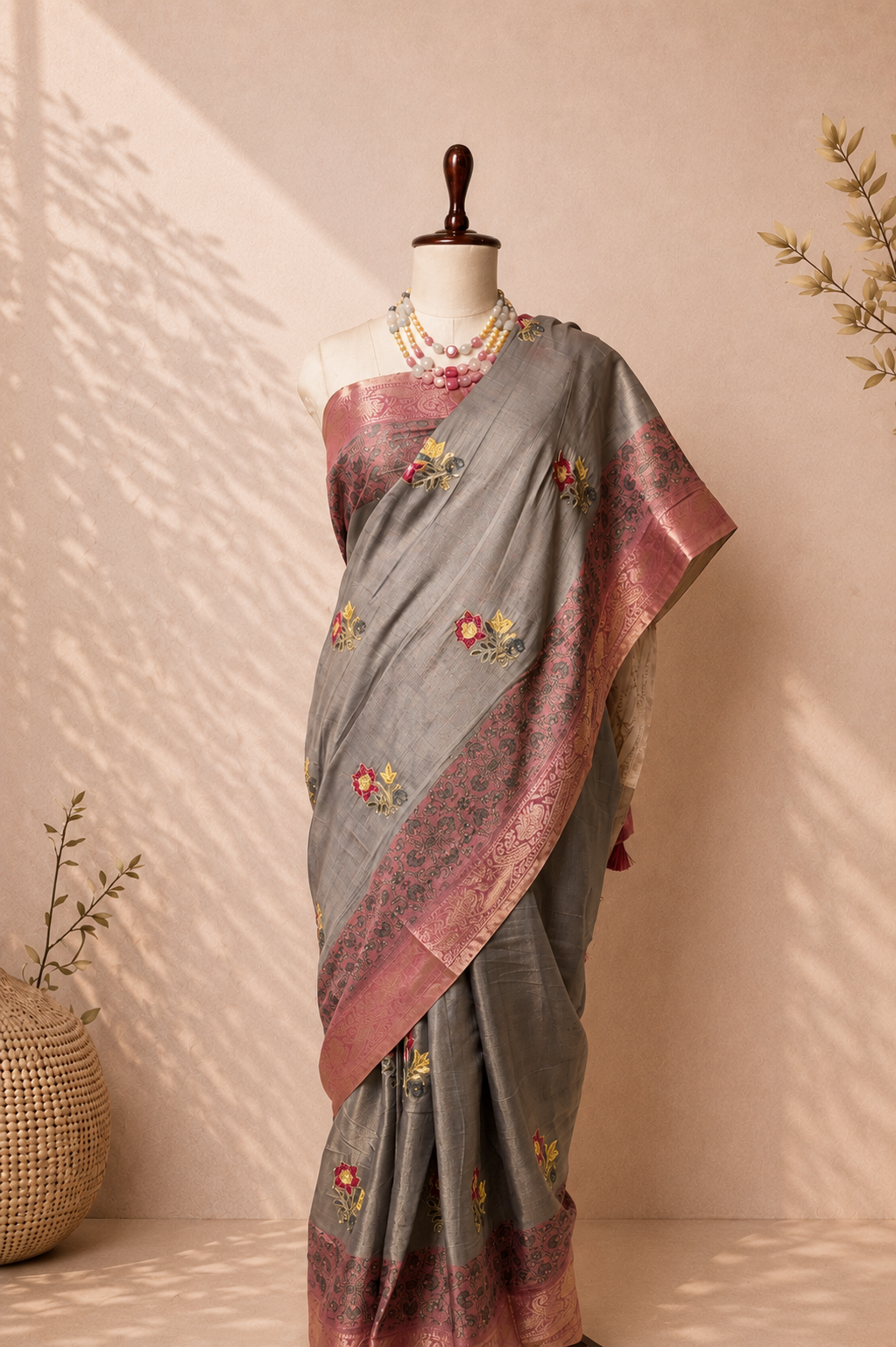 Grey Khadi Silk saree with pink woven border and floral motifs displayed on mannequin in elegant studio setup.
