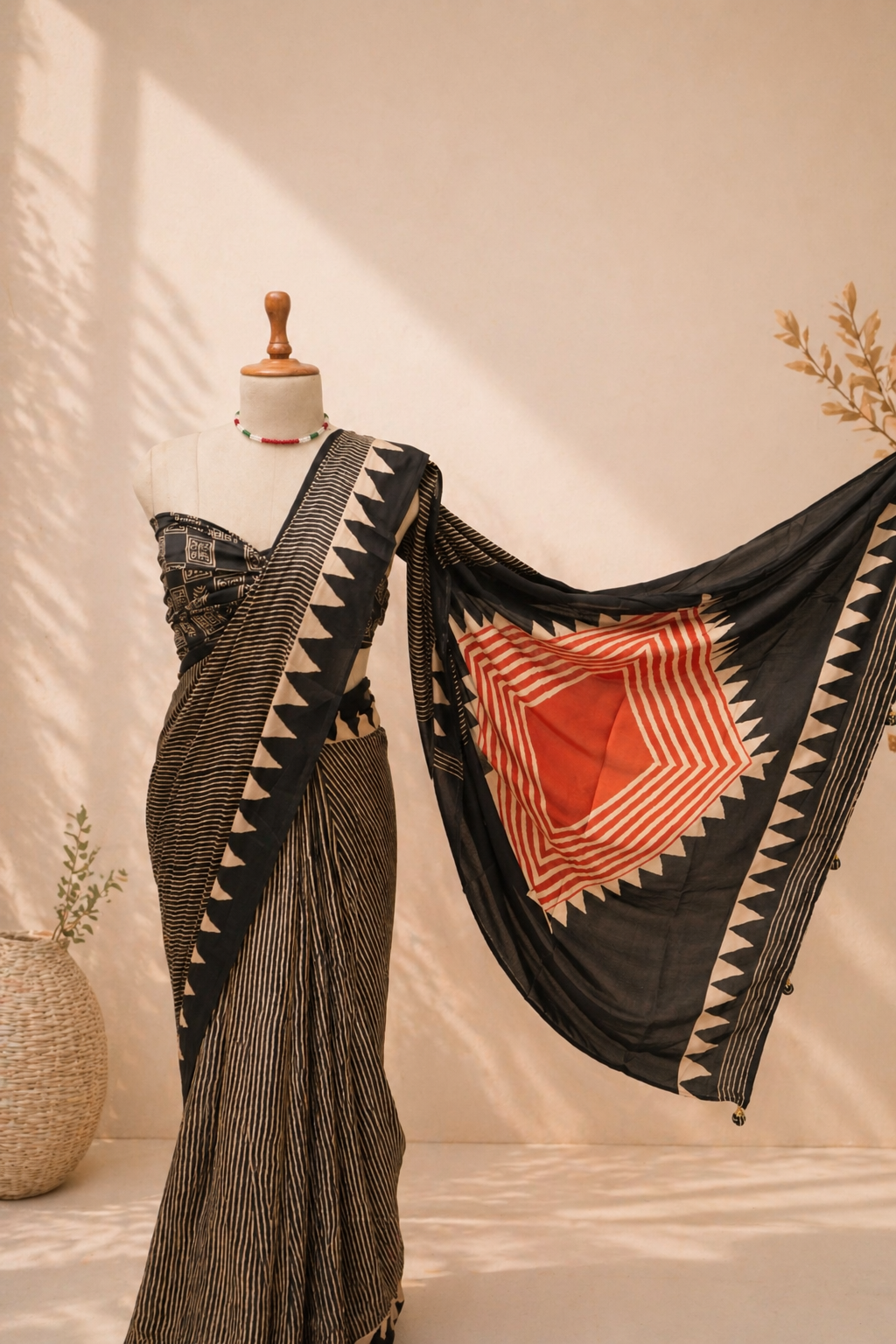 Black Ajrakh printed modal silk saree with geometric design