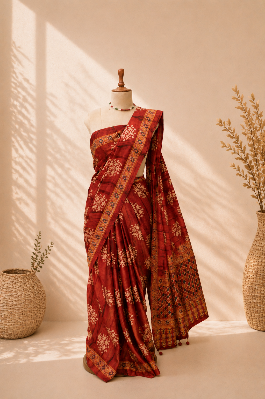Red Block Ajrak Saree