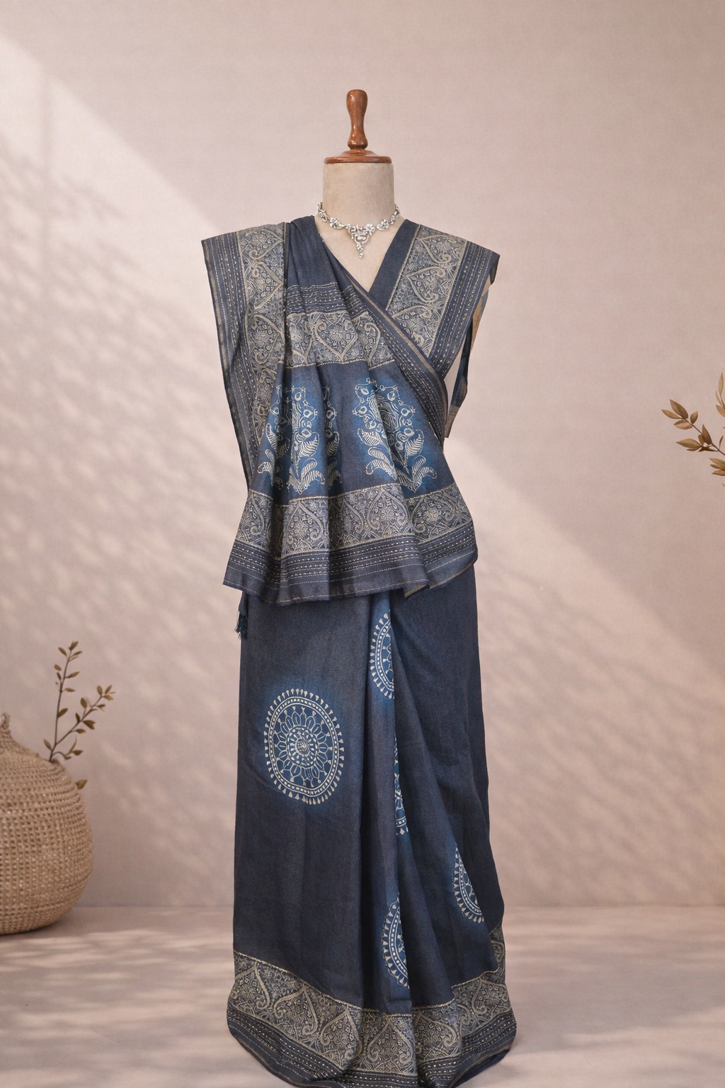 This blue cotton saree with traditional prints is a perfect everyday wear saree for a stylish ethnic look.