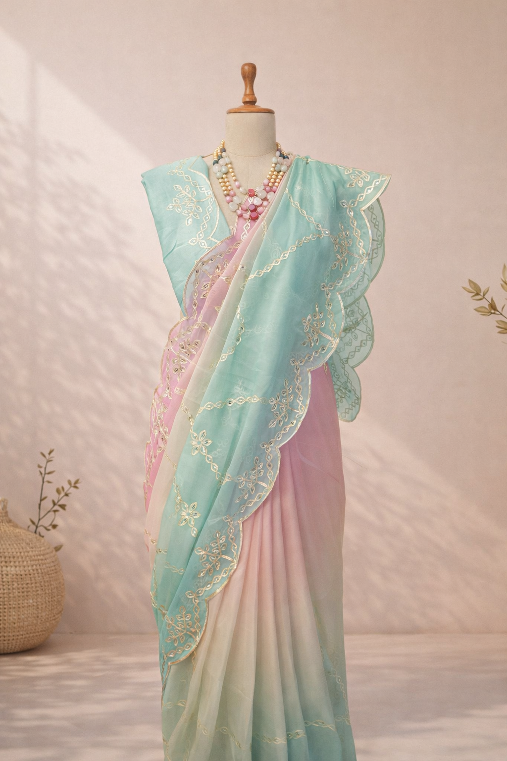 This ombre style saree with gradient tones and gotta patti embroidery is ideal as an occasion wear saree for women.