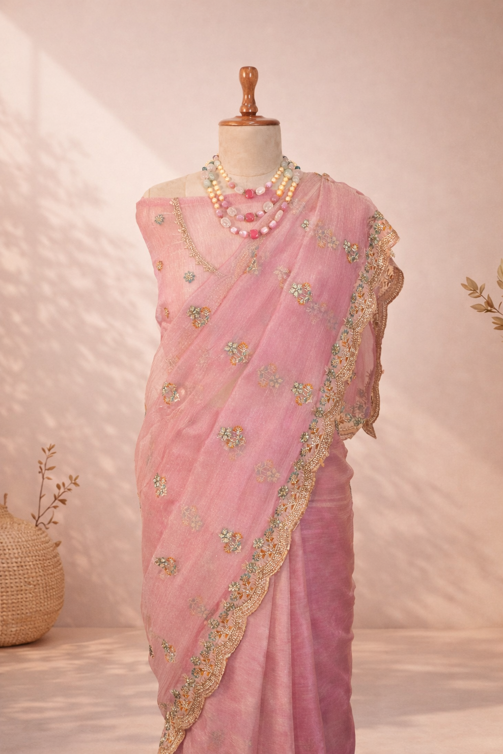 Pink crushed organza saree with zari work and gentle jarkan embellishments, elegant festive and party wear saree for women