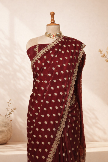 Red designer fendy saree with intricate stone work embroidery and detailed border is ideal for festive and occasion wear.