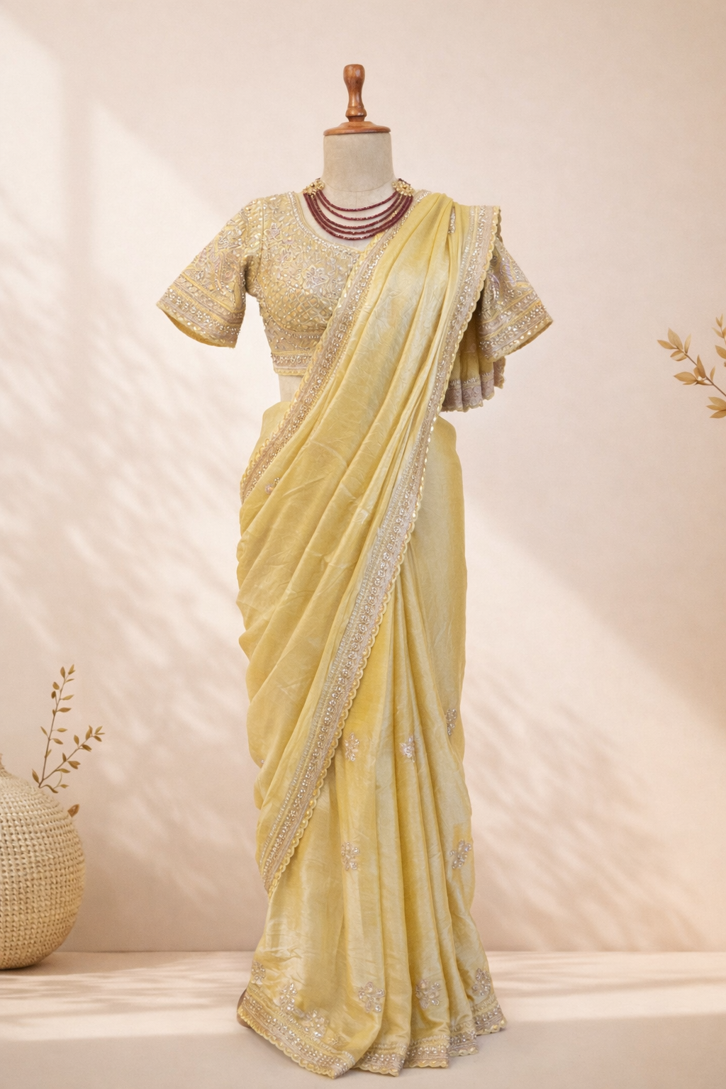 Stitched blouse with yellow festive saree and embellished border, perfect haldi and wedding function saree for women