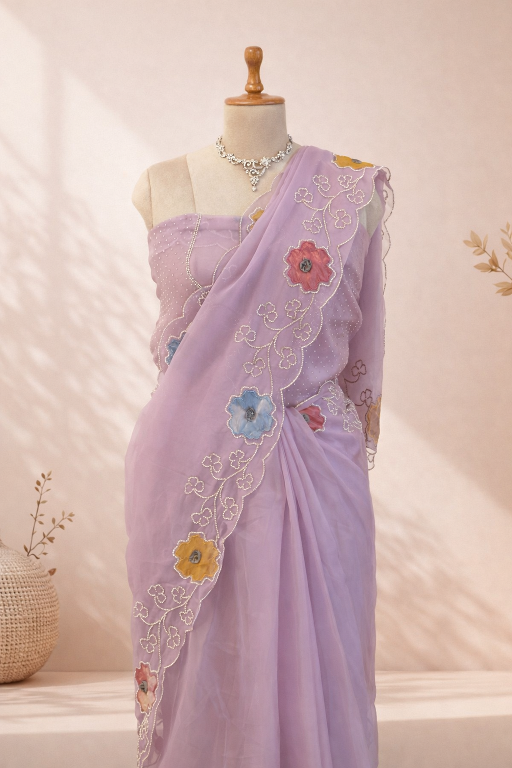 Purple saree with floral border and white stone work, elegant festive and party wear saree for women