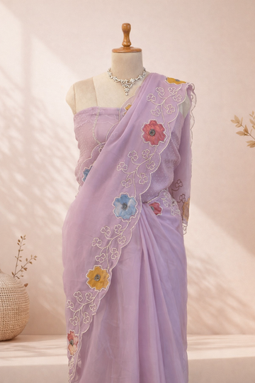 Purple saree with floral border and white stone work, elegant festive and party wear saree for women