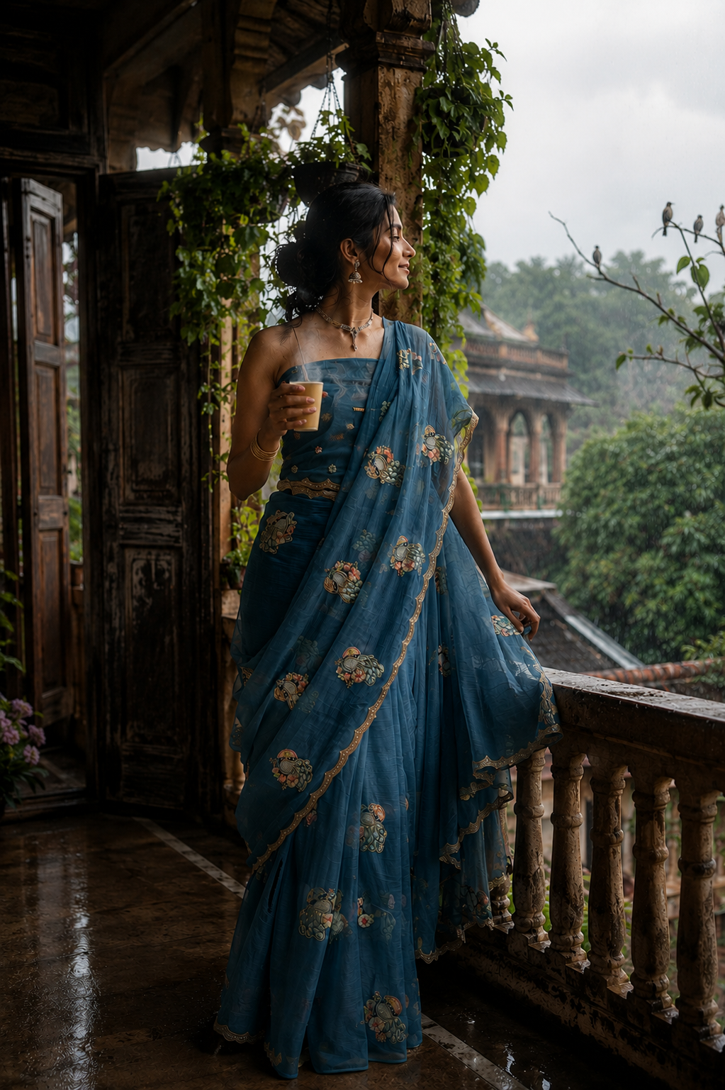 Dusty Blue Floral Saree