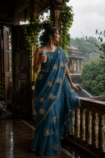 Dusty Blue Floral Saree