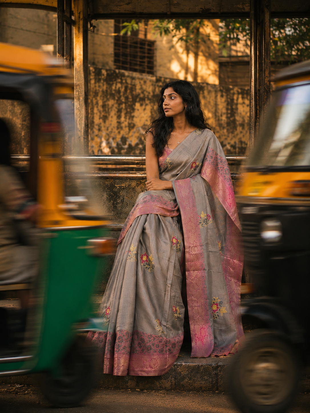 Grey Khadi Silk Saree with Pink Woven Border