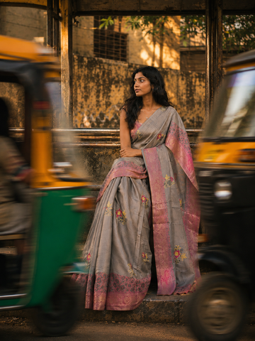 Grey Khadi Silk Saree with Pink Woven Border