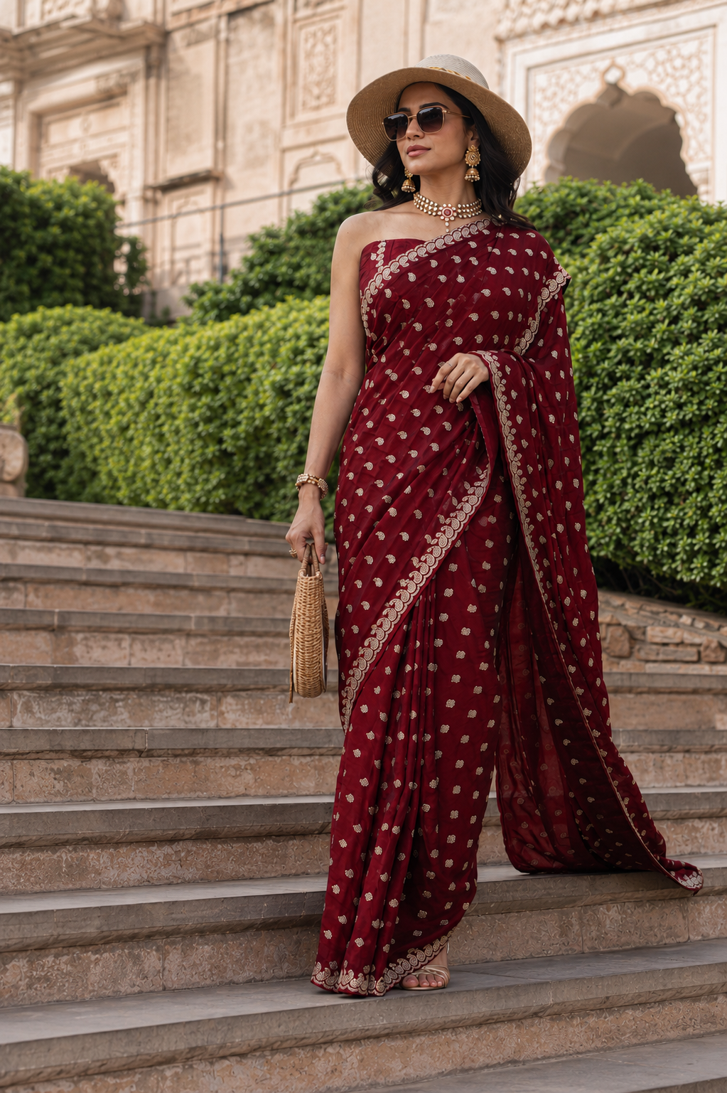 Wine Red Gold Buti Saree