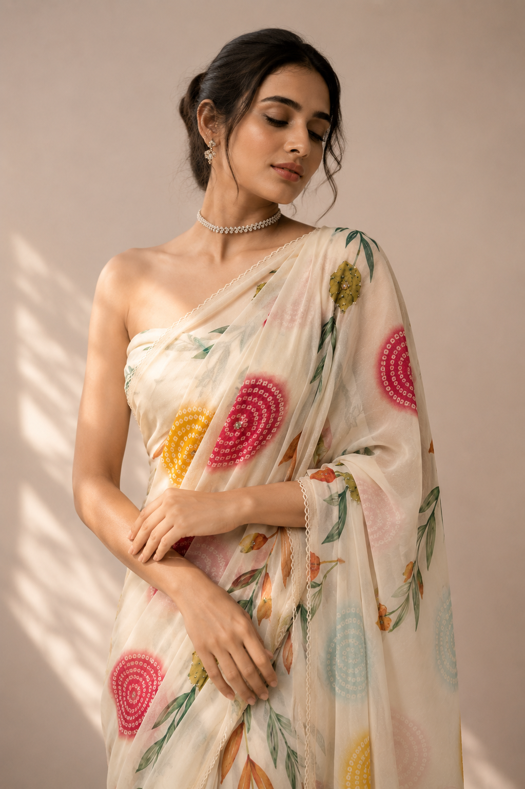 Premium Cream Soft Organza Saree with Artistic Floral Print