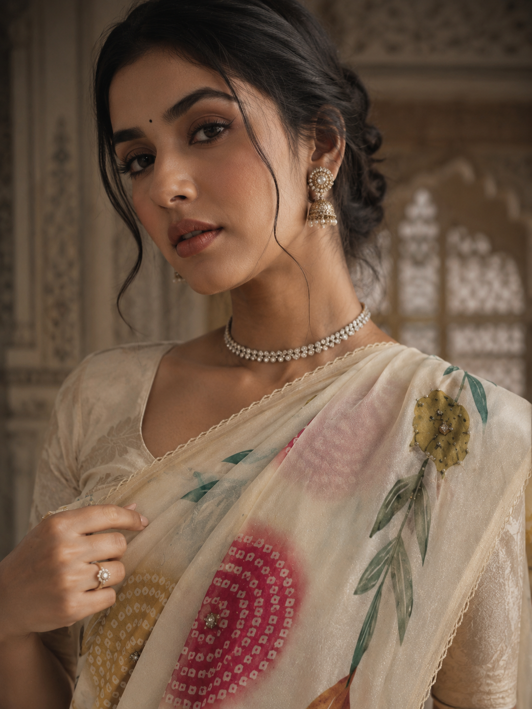 Premium Cream Soft Organza Saree with Artistic Floral Print