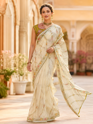 Ivory Floral Organza Saree with Designer Blouse