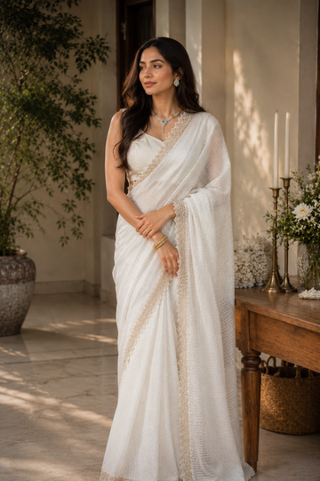 Whispered Grace – White Sequence Work Saree