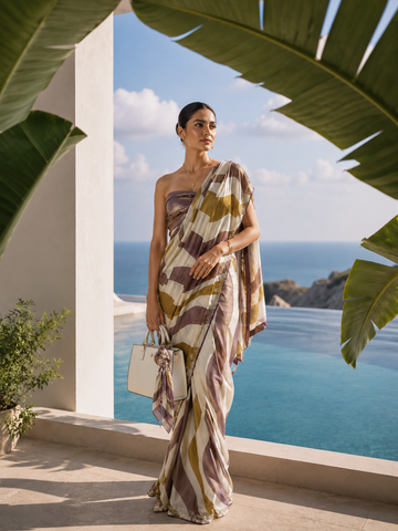 Pearl White & Mauve Saree with Metallic Stripes