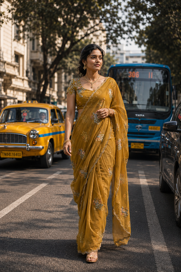 Golden Mustard Flora  Saree