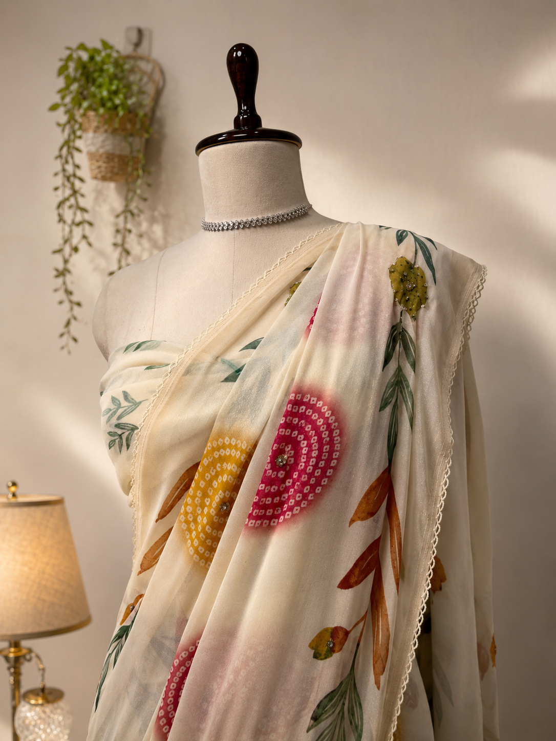 Elegant ivory organza saree with colorful floral and circular motifs draped on a mannequin in a premium studio setting with warm lighting.