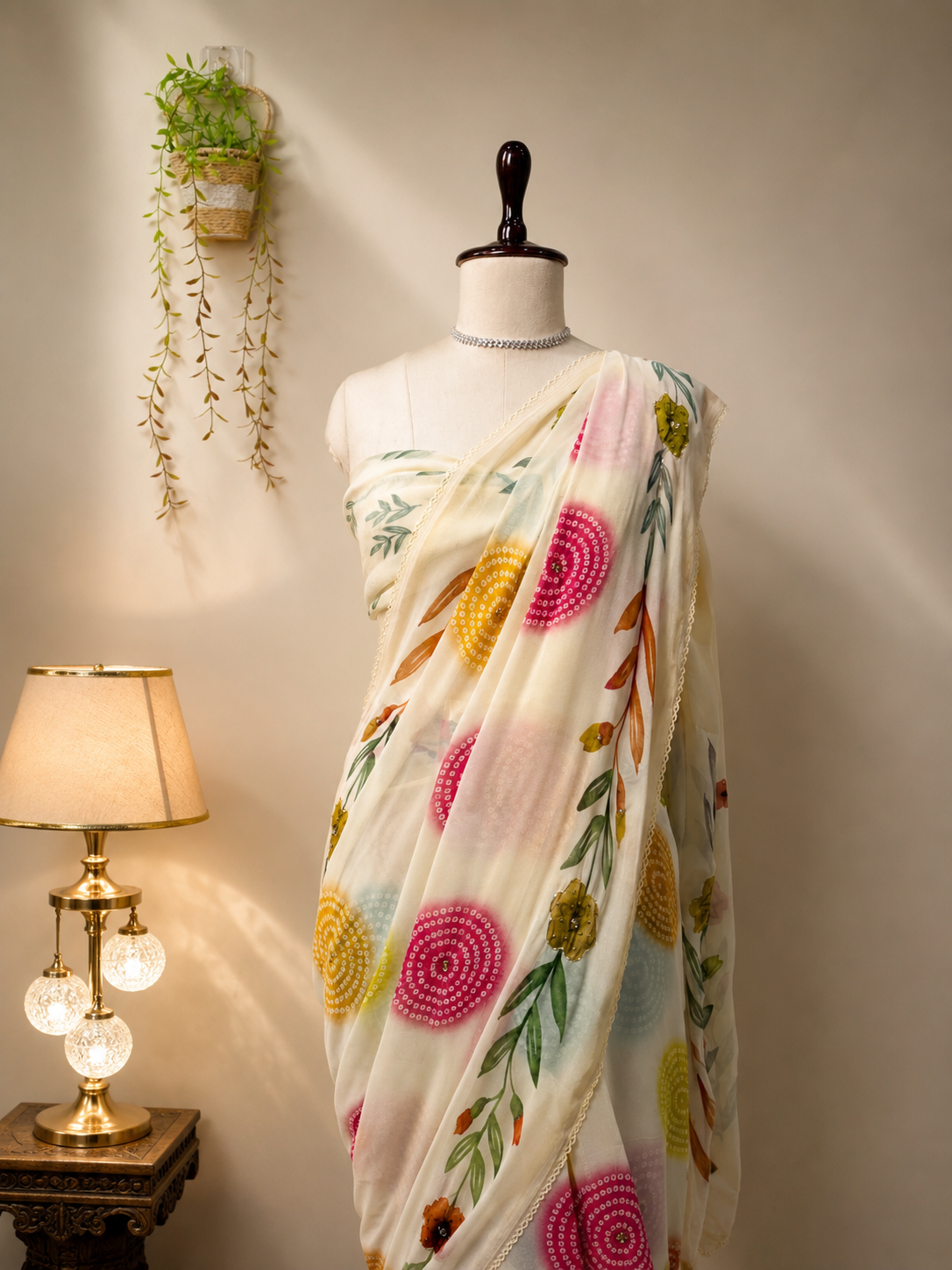 Elegant ivory organza saree with colorful floral and circular motifs draped on a mannequin in a premium studio setting with warm lighting.