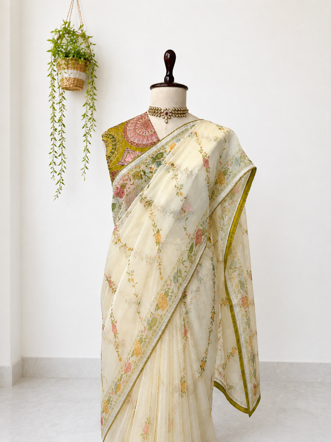 Ivory saree with floral prints and a heavy embroidered green designer blouse on a mannequin in a premium studio setting.