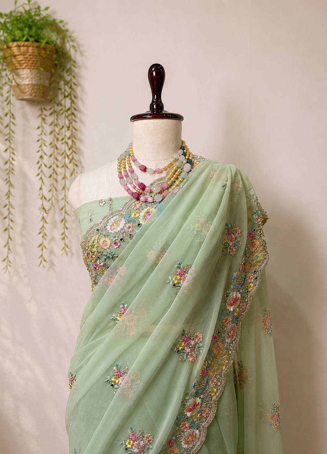 Elegant mint green Vaaari chiffon saree with delicate floral embroidery and handcrafted embellished border.
