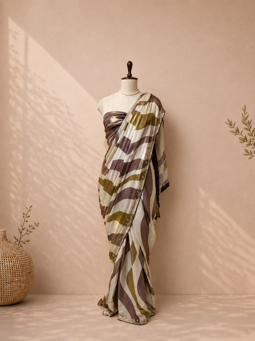 Elegant pearl white modal silk saree with mauve and olive metallic stripes, shimmering border, and soft flowing drape displayed on mannequin for festive and party wear styling.