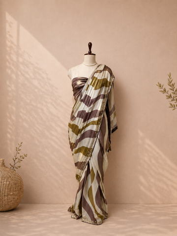 Elegant pearl white modal silk saree with mauve and olive metallic stripes, shimmering border, and soft flowing drape displayed on mannequin for festive and party wear styling.