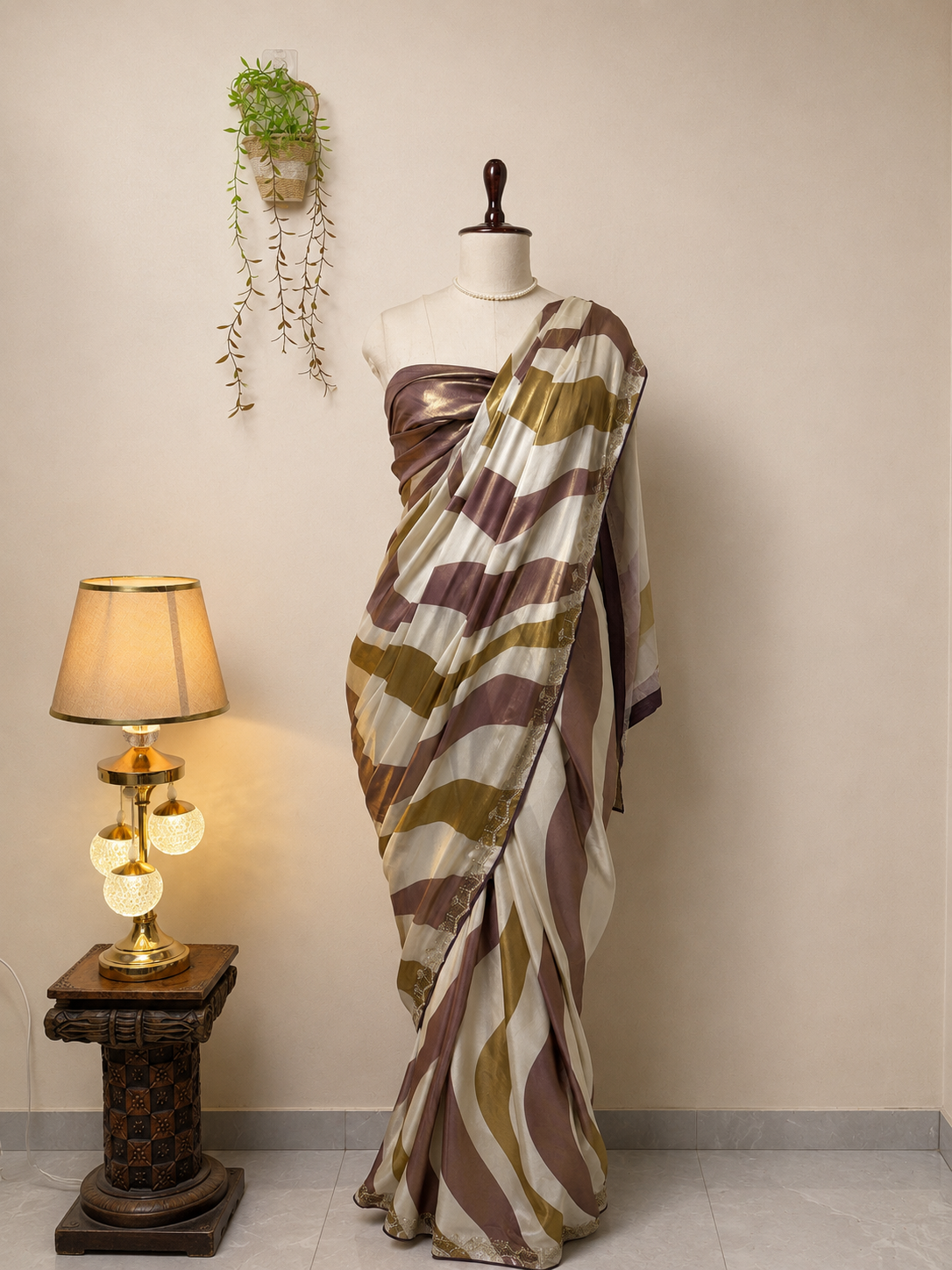 Elegant pearl white modal silk saree with mauve and olive metallic stripes, shimmering border, and soft flowing drape displayed on mannequin for festive and party wear styling.