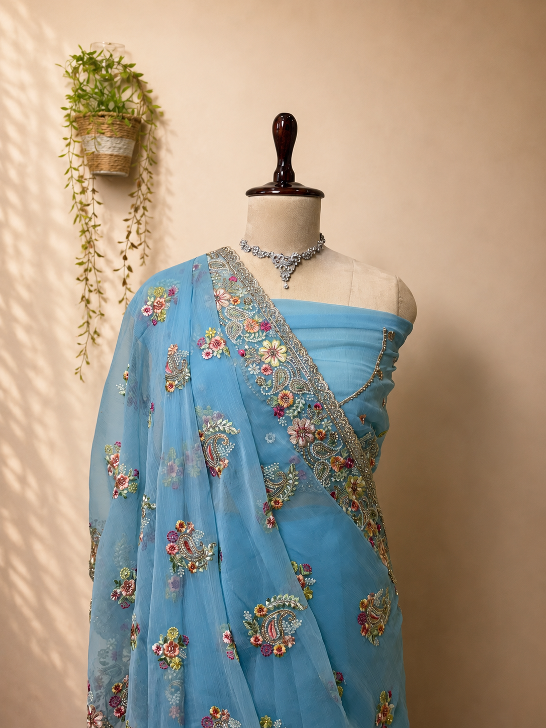 Blue Vaaari chiffon saree with floral embroidery and embellished border.
