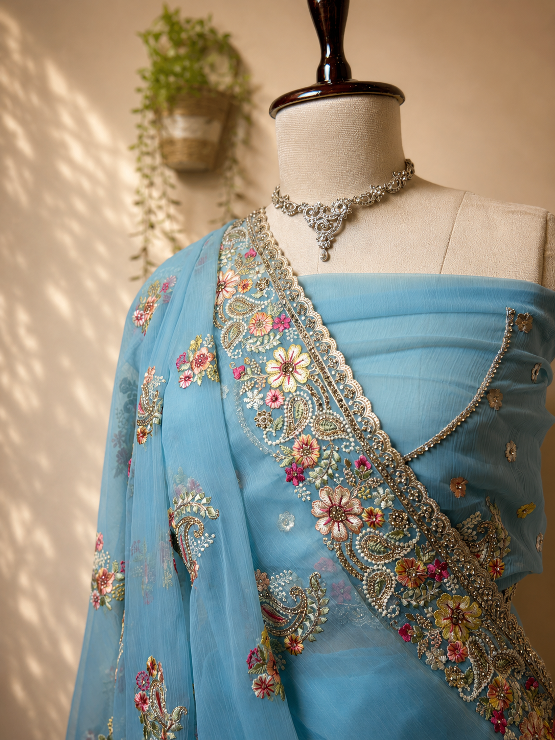 Blue Vaaari chiffon saree with floral embroidery and embellished border.
