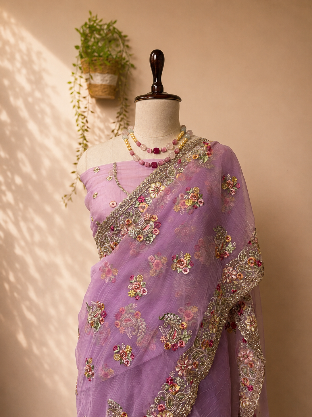 Lavender Vaaari chiffon saree with floral embroidery and embellished handcrafted border.
