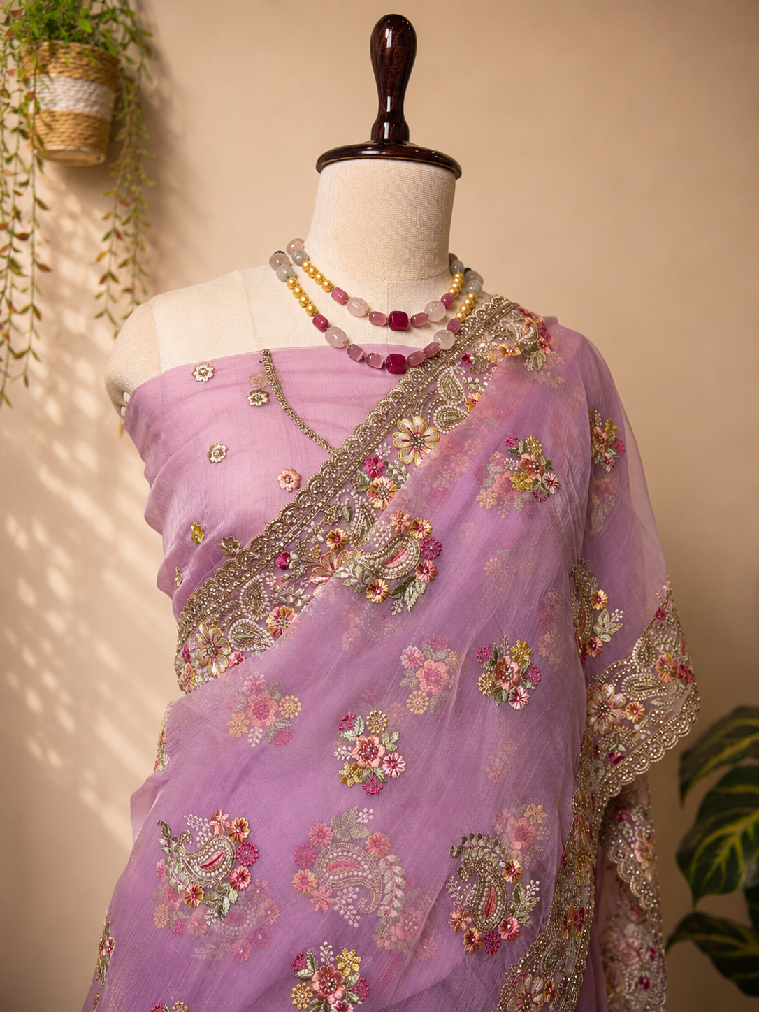 Lavender Vaaari chiffon saree with floral embroidery and embellished handcrafted border.
