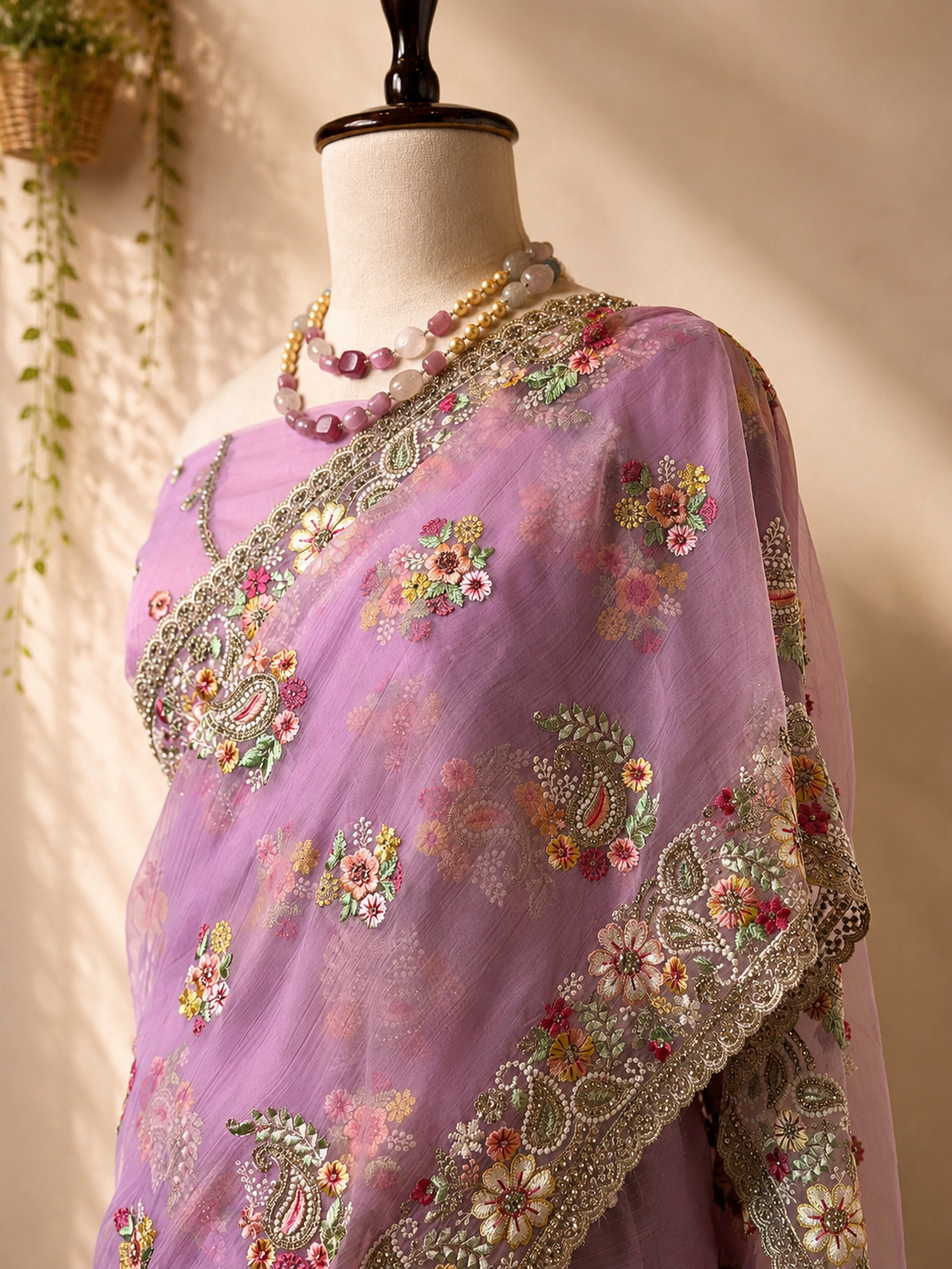 Lavender Vaaari chiffon saree with floral embroidery and embellished handcrafted border.
